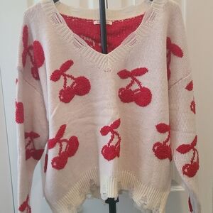 Cherry Patterned V-Neck Sweater